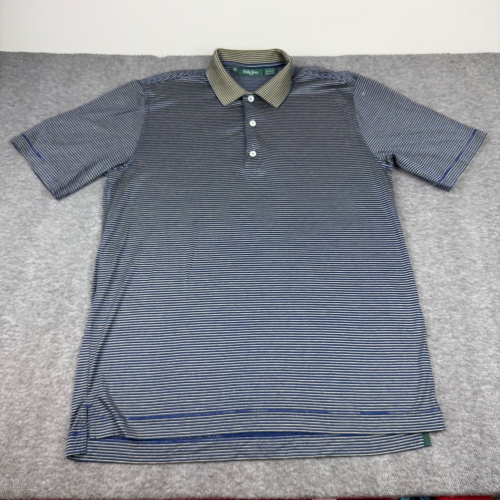 Bobby Jones Polo Shirt Mens Medium Blue Yellow Striped Short Sleeve Cotton Golf